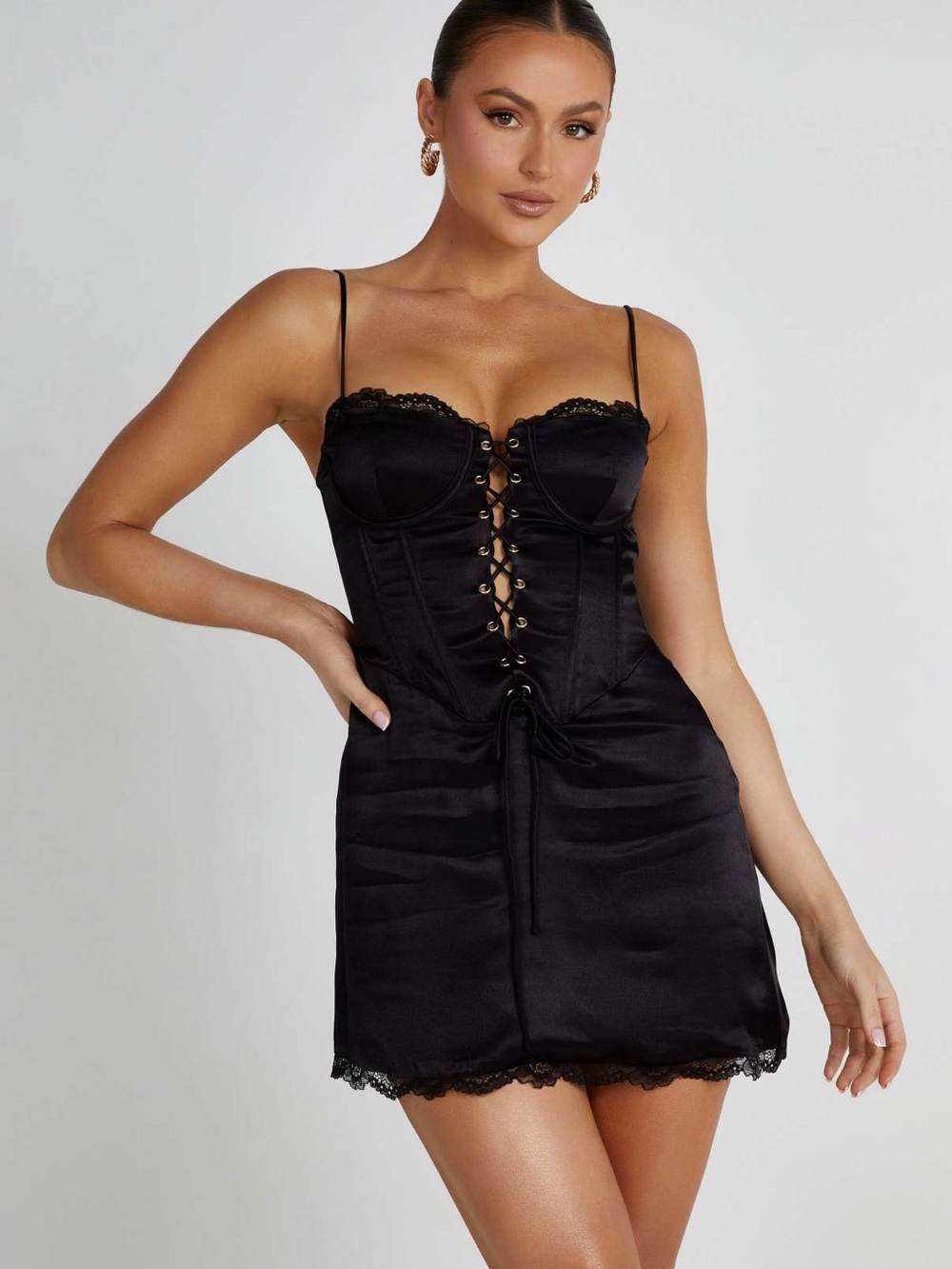 New Meshki Kalila Corset Black Satin Lace-Up Mini Dress, Size S - Picture 4 of 9